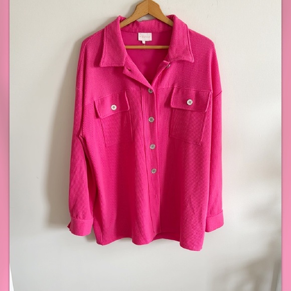 Entro pink Keep It Up oversized Fuchsia Pink Ribbed Shacket button down top XL - Picture 3 of 7